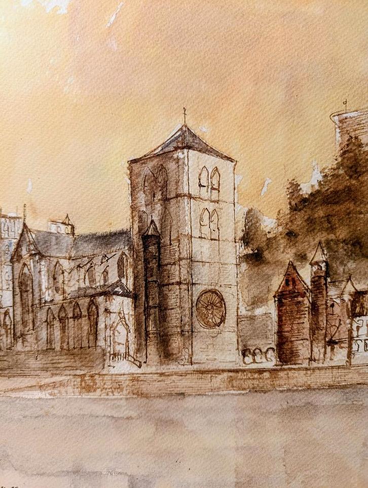 Collegiale kerk van Huy. Aquarel van Michel METTEWIE., Antiek en Kunst, Kunst | Schilderijen | Klassiek, Ophalen of Verzenden
