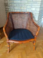 2 stoelen in kerselaarhout met blauwe bekleding, Ophalen, Minder dan 75 cm, Zo goed als nieuw, Stof