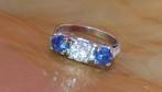 Artdeco gouden ring met diamant 0,85kt en saffieren, Gebruikt, Blauw, Ophalen of Verzenden, 17 tot 18