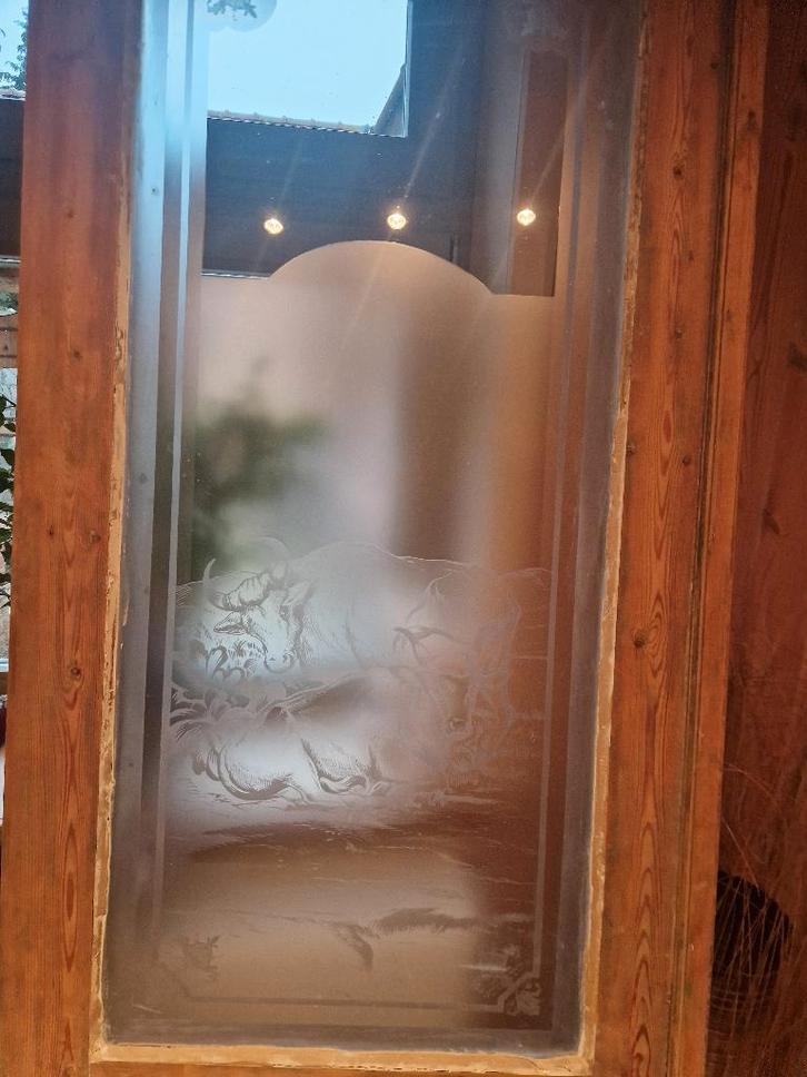 Mooie rustieke dubbele pich pine deur met unieke glaspartij, Doe-het-zelf en Bouw, Deuren en Vliegenramen, Gebruikt, Binnendeur