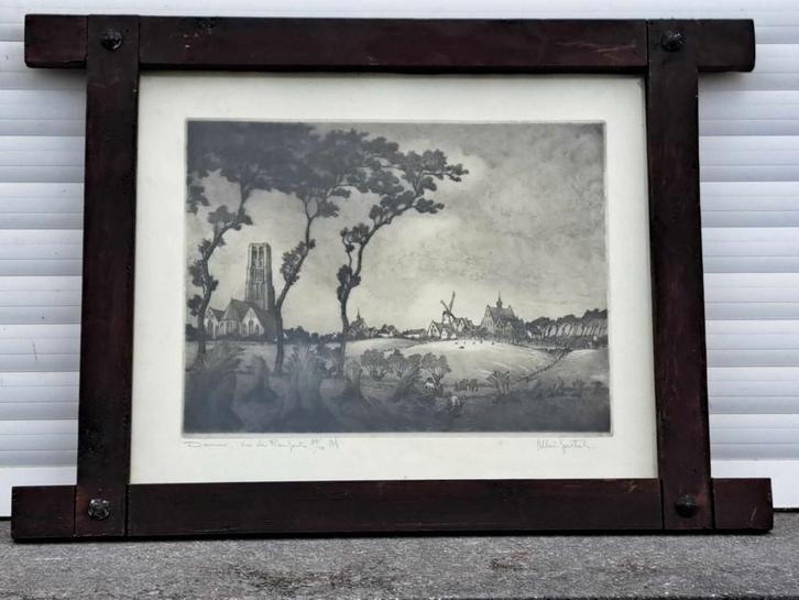 gravure damme vue des remparts signe albert goethals, Antiek en Kunst, Kunst | Etsen en Gravures, Ophalen of Verzenden