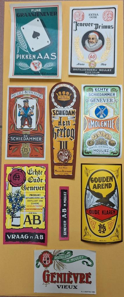 Oude Genever Etiketten Likeurstokerij Mouliez Kortrijk, Collections, Marques & Objets publicitaires, Comme neuf, Emballage, Enlèvement ou Envoi