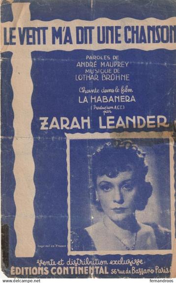 LE VENT M A DIT UNE CHANSON ZARAH LEANDER TANGO PARTITION MU, Musique & Instruments, Enlèvement ou Envoi, Utilisé, Thème