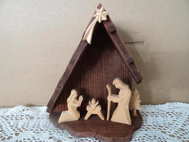 Vintage houten kerststal kerststalletje Heilige Familie 16cm, Diversen, Kerst, Zo goed als nieuw, Ophalen of Verzenden