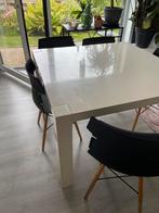 Witte hoogglans tafel vierkant 1m20 samen met 7 zwarte stoel, Huis en Inrichting, Ophalen, Gebruikt, Vierkant, Vijf personen of meer