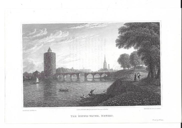 1824 - Brugge / het Minnewater / groot formaat / gedateerd, Antiek en Kunst, Kunst | Etsen en Gravures, Verzenden