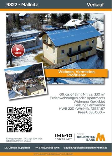 Groot familiehuis/B&B/Aparthotel te koop in Oostenrijk, Immo, 8 kamers, Dorp, Mallnitz, 230 m²