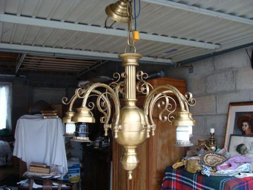Ancien lustre 5 lampes en bronze, année 1950/60, vintage, Antiquités & Art, Antiquités | Éclairage, Enlèvement