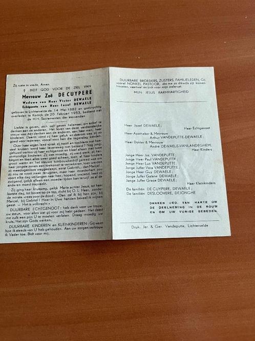 Rouwkaart Z. De Cuypere  1882 + Kortijk 1953, Collections, Images pieuses & Faire-part, Carte de condoléances, Enlèvement ou Envoi