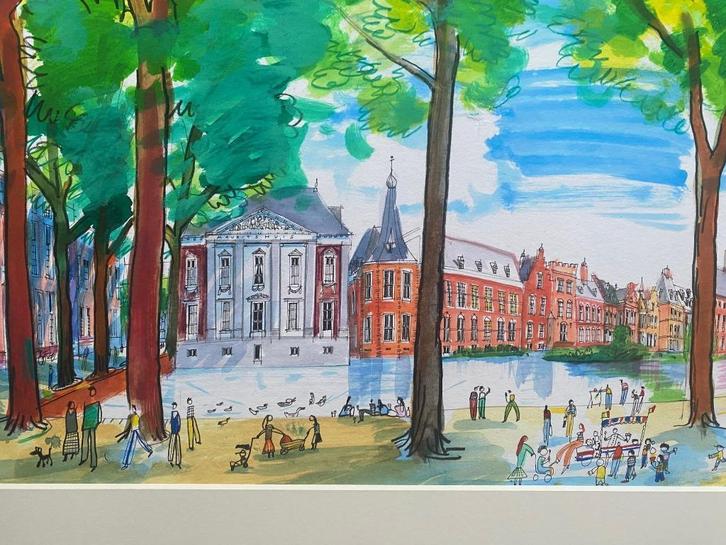 Kleurrijke kunstdruk Binnenhof Den Haag van Guus van Eck, Antiek en Kunst, Kunst | Schilderijen | Modern, Ophalen
