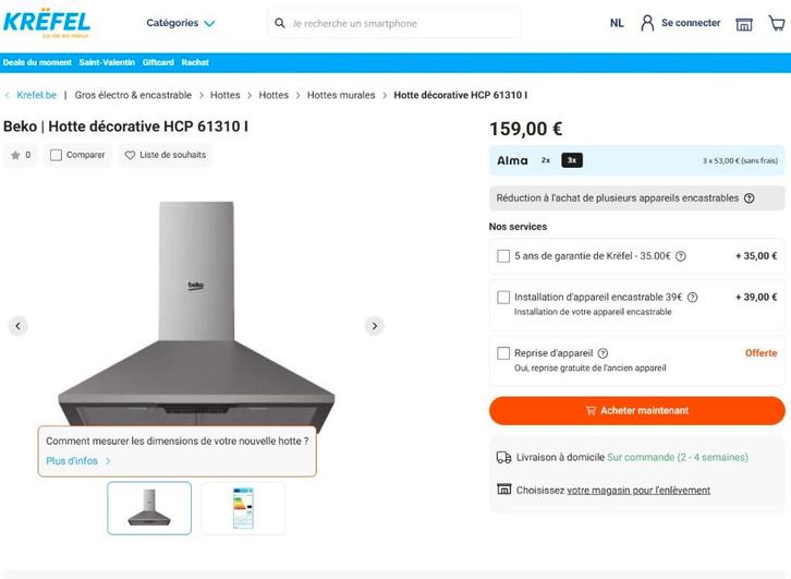 Hotte Aspirante Beko HCP61310I, Electroménager, Hottes, Neuf, Encastré, 200 à 400 m³/h, Moteur, Recyclage, Enlèvement