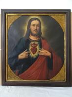 Tableau ancien Jésus Sacré Coeur 78x85cm J. Frison 1890, Antiquités & Art, Antiquités | Objets religieux, Enlèvement ou Envoi