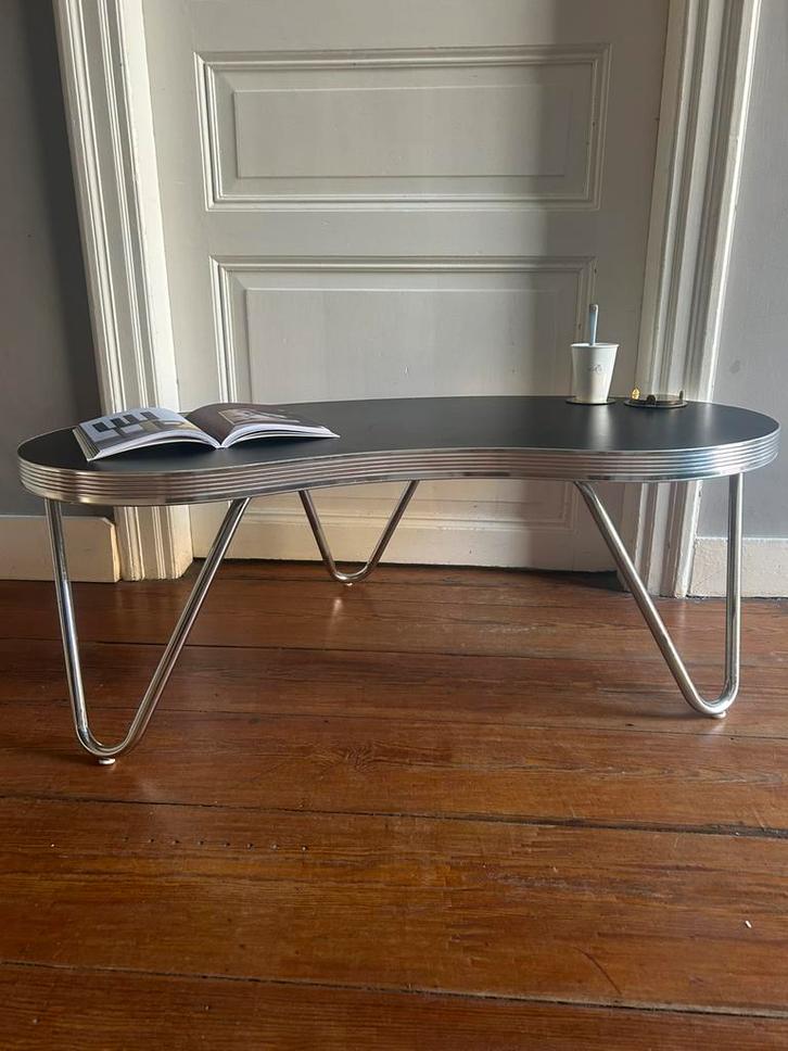 Vintage salontafel - chroom frame, leder blad, Huis en Inrichting, Tafels | Salontafels, Zo goed als nieuw, Overige vormen, Metaal