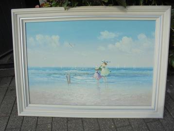 Olieverf schilderij "2 meisjes aan zee" P.Watkins beschikbaar voor biedingen