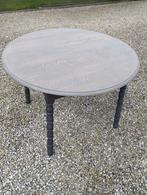 Mooie trendy houten tafel met vergrijsd blad & donkere poten, 100 tot 150 cm, 100 tot 150 cm, Rond, Gebruikt