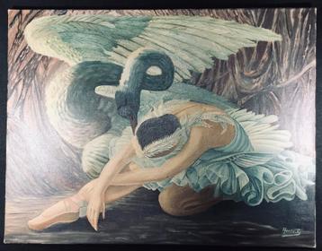 Peinture à l'huile ancienne vintage « Le lac des cygnes », Enlèvement ou Envoi