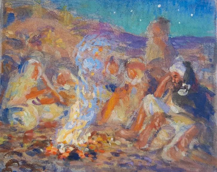 Etienne DINET - Tableau orientaliste - Feu de camp, Antiquités & Art, Art | Peinture | Classique, Envoi