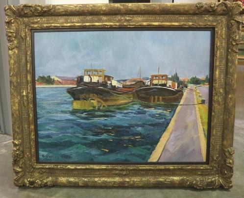 Tony RENIERS, schepen op het kanaal te Hasselt, Antiek en Kunst, Kunst | Schilderijen | Klassiek, Ophalen of Verzenden