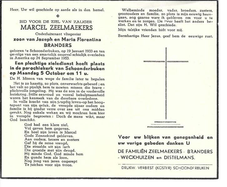 Marcel Zeelmaeckers Olt vliegenier ongeval in US op 24/9/53, Verzamelen, Geboortekaartjes en Visitekaartjes, Verzenden