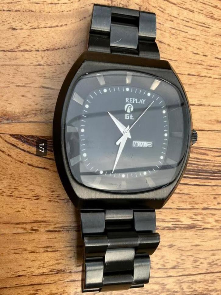 Stoere zwarte originele Replay GT horloge, Handtassen en Accessoires, Horloges | Heren, Zo goed als nieuw, Polshorloge, Staal