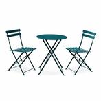Turquoise bistrotafeltje en 2 stoelen, Tuin en Terras, Tuinsets en Loungesets, Gebruikt, Eettafel, Tuinset, Ophalen