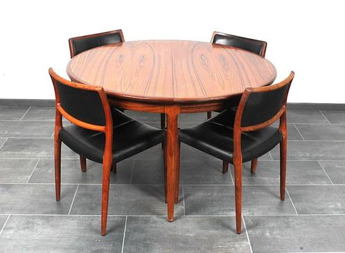 Set van 4 lederen palisander Møller stoelen en eettafel, Huis en Inrichting, Complete eetkamers, Gebruikt, 4 tot 6 stoelen, Ophalen of Verzenden