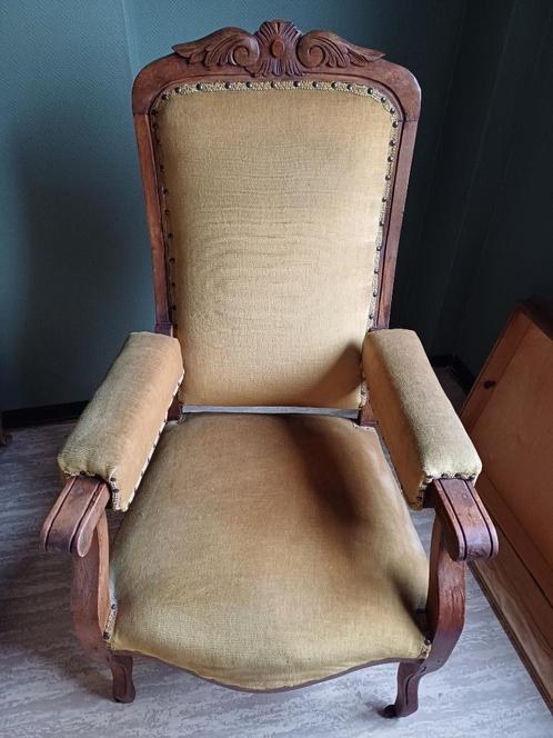 Antieke eiken stoel/zetel met okergele veloursbekleding, Huis en Inrichting, Stoelen, Gebruikt, Eén, Hout, Stof, Overige kleuren