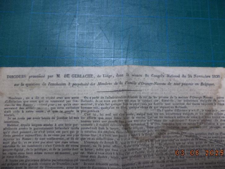Discours prononcé par M. DE GERLACHE, Congrès National, 1830, Collections, Collections Autre, Utilisé, Enlèvement ou Envoi