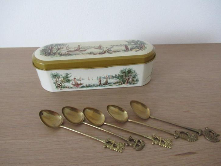 blikken doos-lepeldoos met lepels-DOUWE EGBERTS-1954-VINTAG, Verzamelen, Blikken, Koffie, Douwe Egberts, Ophalen of Verzenden
