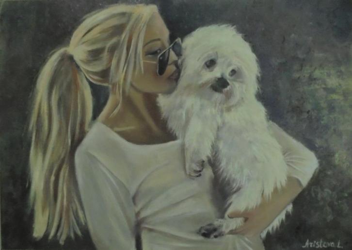 olieschilderij girl/westie (50x70cm), Antiek en Kunst, Kunst | Schilderijen | Klassiek, Ophalen of Verzenden