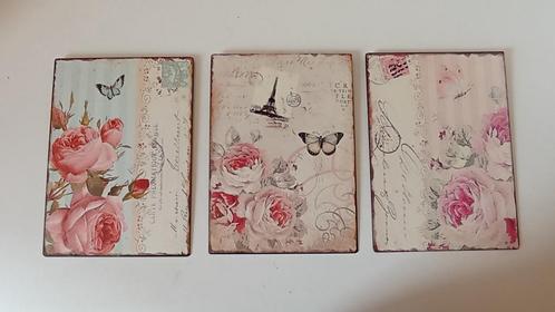 Set van 3 metalen bordjes rozen, vlinders, Parijs, Antiek en Kunst, Curiosa en Brocante, Ophalen of Verzenden