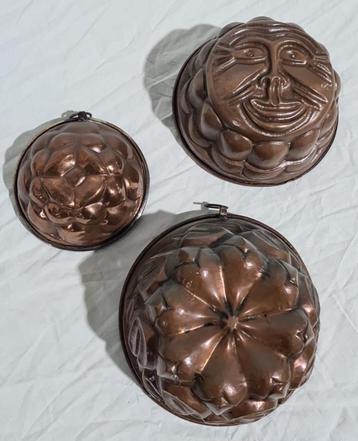 Bakvormen, puddingvormen, jellymoulds, koper, 3 stuks beschikbaar voor biedingen