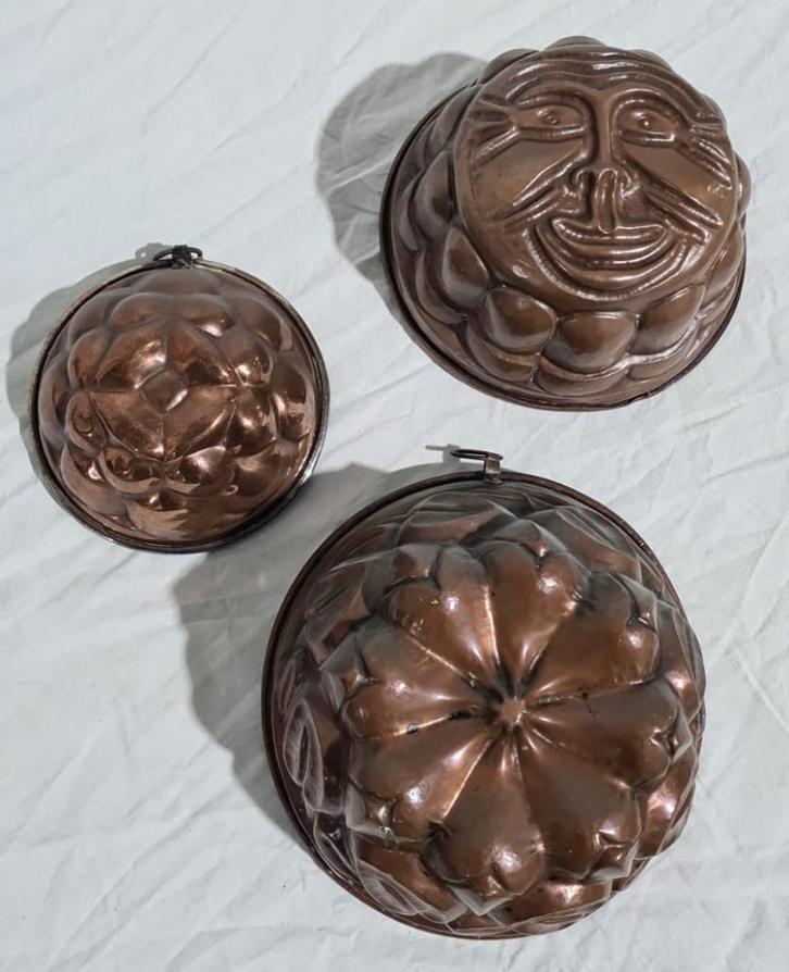 Bakvormen, puddingvormen, jellymoulds, koper, 3 stuks, Antiek en Kunst, Antiek | Keukengerei, Ophalen of Verzenden