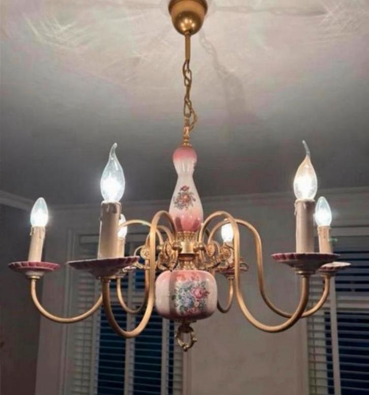1940-1950 kroonluchter antiek italie Porselein roze bloemen, Antiek en Kunst, Antiek | Verlichting, Ophalen of Verzenden