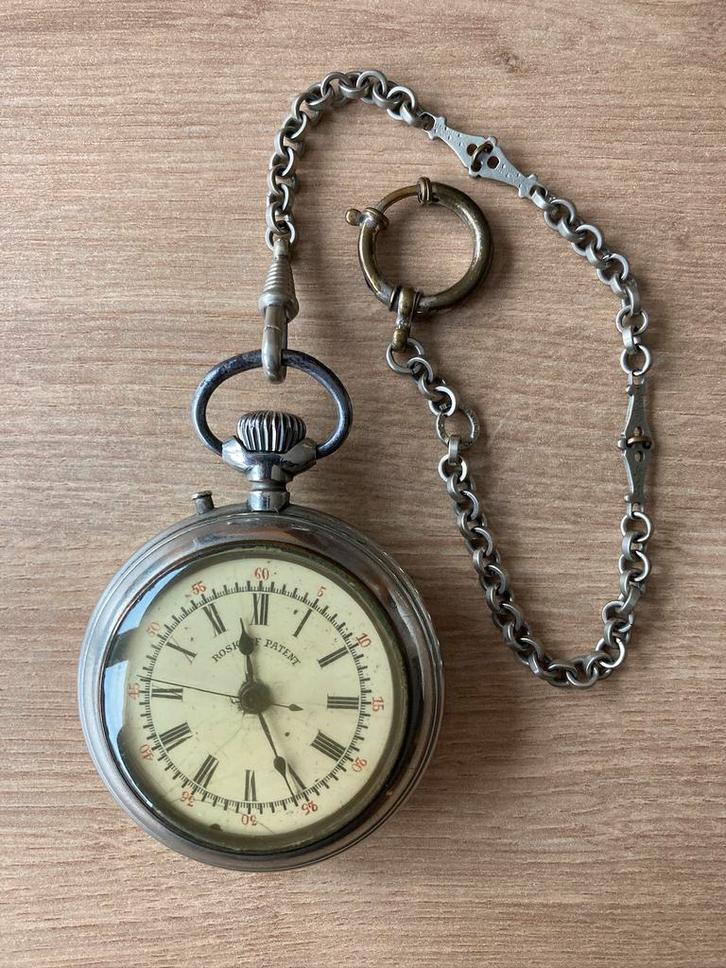 Roskopf zakhorloge met ketting 1890 - 1910, Handtassen en Accessoires, Horloges | Antiek, Zakhorloge, Met ketting, Ophalen of Verzenden