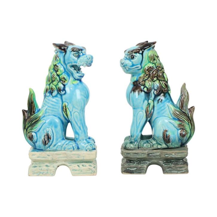 Koppel Chinese Guardian Lions Foo Dogs Blauw Keramiek, Verzamelen, Beelden en Beeldjes, Gebruikt, Fantasy, Ophalen of Verzenden