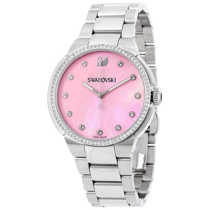 Swarovski City 5205993 – Roze parelmoer wijzerplaat, Handtassen en Accessoires, Horloges | Dames, Zo goed als nieuw, Staal, Staal