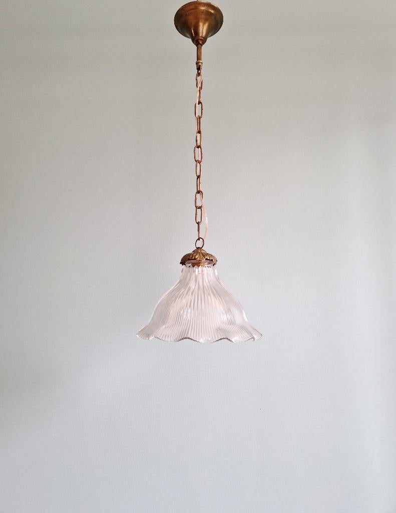 Suspension Holophane en verre rainuré transparent, 1930, Enlèvement ou Envoi