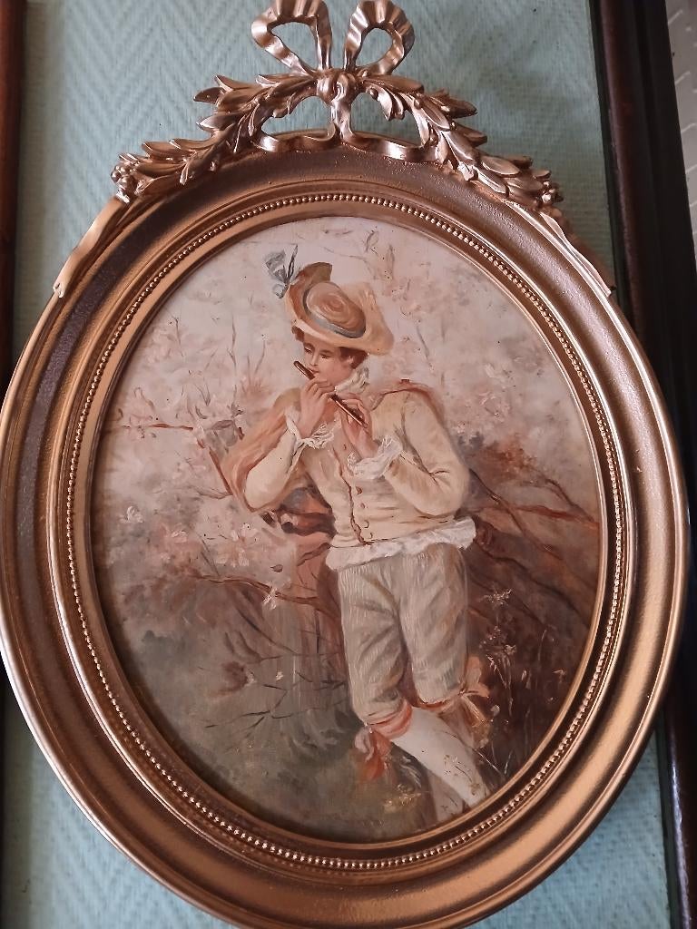 Jonge fluitist in een ovale Louis XVI-lijst, Antiek en Kunst, Kunst | Schilderijen | Klassiek, Ophalen of Verzenden
