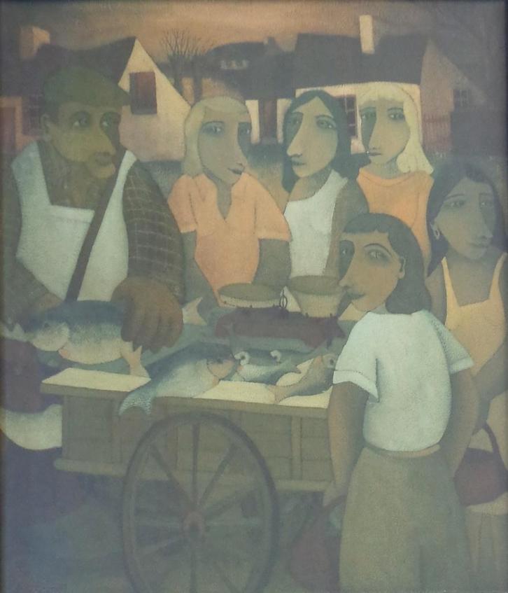 ROB DELANGE / VISKRAAM / KLEURLITHO / 74x64cm / KADER / SIG, Antiek en Kunst, Kunst | Litho's en Zeefdrukken, Ophalen