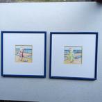 Duo: "Ontmoeting op de zeedijk " ingelijste aquarellen., Ophalen of Verzenden