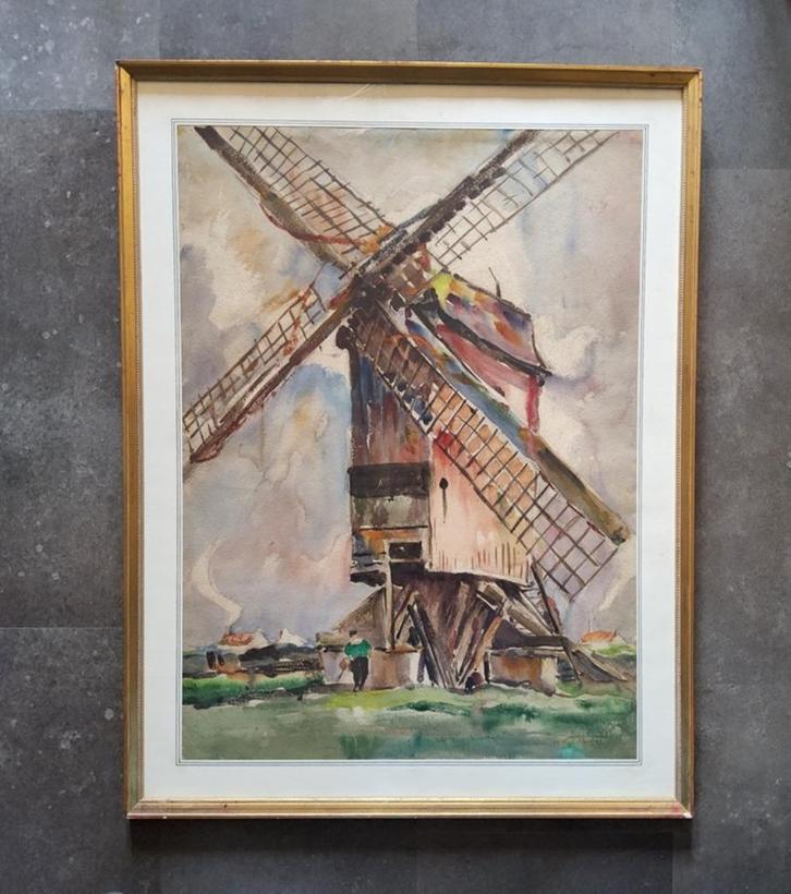 Aquarel Moulin de Bredene 1947 par Antoine Schyrgens (1890-1, Antiek en Kunst, Kunst | Etsen en Gravures, Ophalen