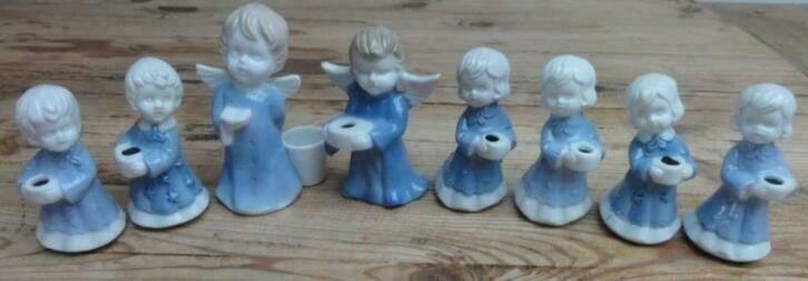 8 verschillende vintage lichtblauwe kinder kandelaartjes, Diversen, Kerst, Zo goed als nieuw, Ophalen of Verzenden