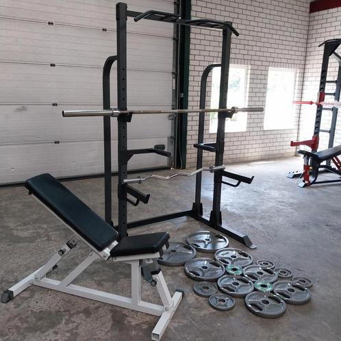 Squat rack + verstelbare bankje + Olympische Gewichten set, Sport en Fitness, Fitnessmaterialen, Zo goed als nieuw, Overige typen
