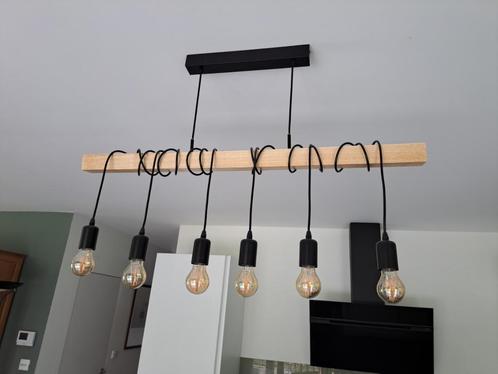 luminaire suspension vintage bois et métal à 6 flammes, Maison & Meubles, Lampes | Suspensions, Comme neuf, 75 cm ou plus, Bois