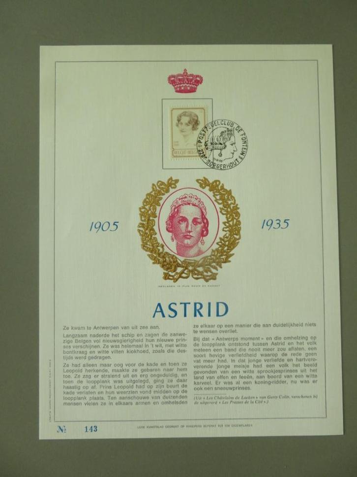 limited 500 kunstblad fijn goud 23 karaat Koningin Astrid, Verzamelen, Koningshuis en Royalty, Zo goed als nieuw, Kaart, Foto of Prent
