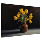 Gele tulpen in bruine vaas canvas 60x40cm - 18mm., Verzenden