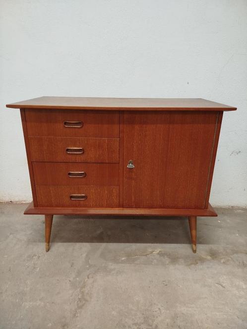 Vintage kastje met 4 lades en 1 deurtje Midcentury design, Huis en Inrichting, Kasten | Ladekasten, Gebruikt, Minder dan 100 cm