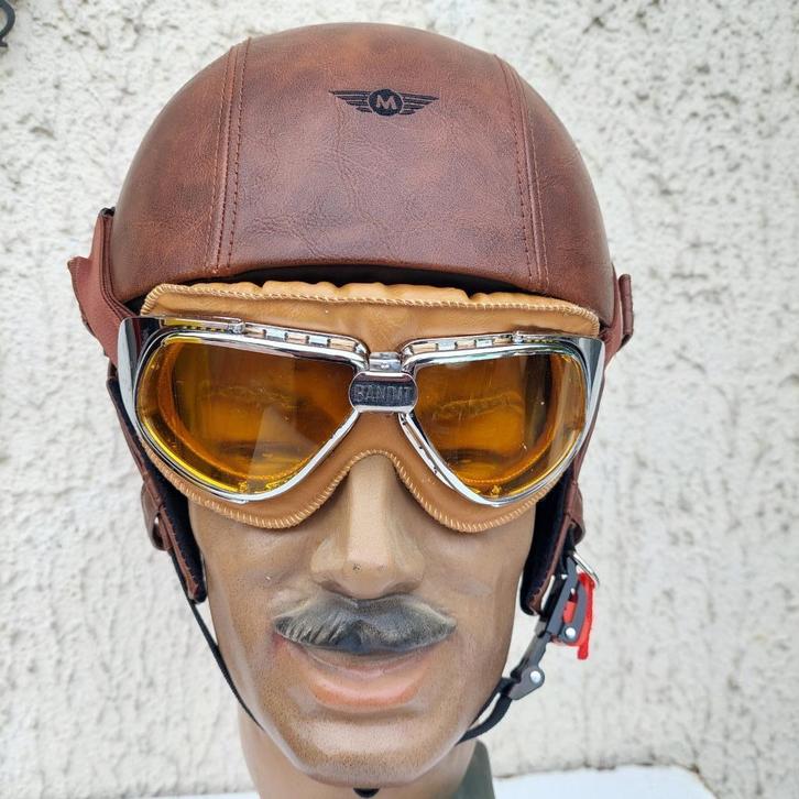 BRAINCAD MOTORHELM LEER VINTAGE CAFE RACER 57/58 + BRIL, Motoren, Kleding | Motorhelmen, Heren, Jethelm, M, Tweedehands, Ophalen of Verzenden