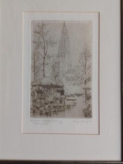 Romain Malfliet  1910 - 2006  Ets  Bloemen Groenplaats, Antiek en Kunst, Kunst | Etsen en Gravures, Verzenden